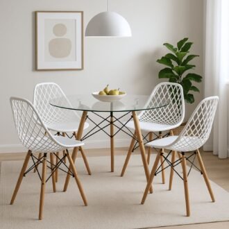 Comedor Aura 4 Puestos | Mesa de Vidrio y Sillas Blancas