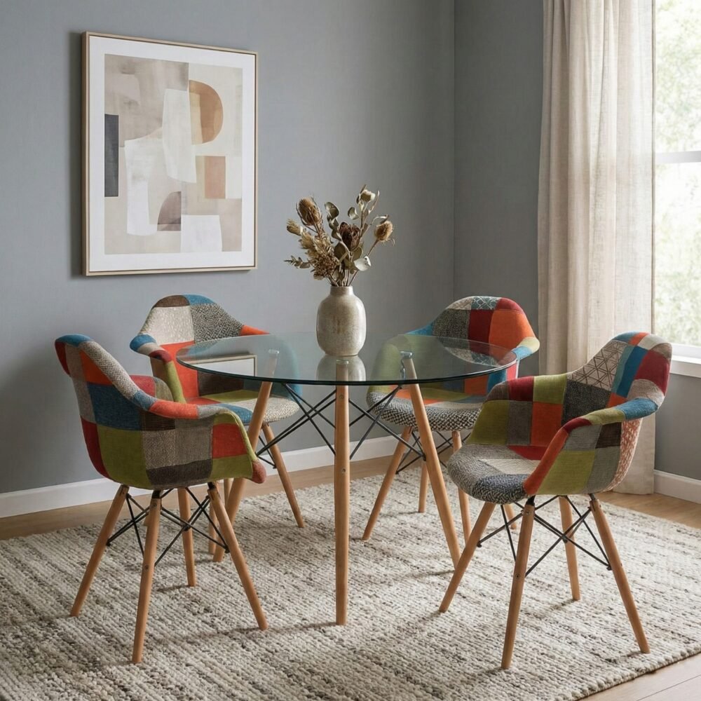 Comedor Arcoíris 4 Puestos | Mesa de Vidrio y Sillas Patchwork