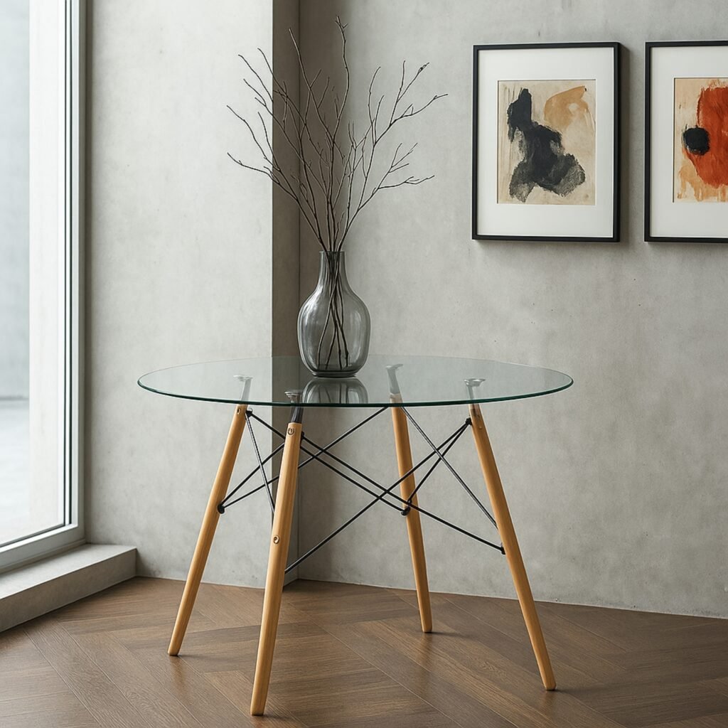 Entre Nos Home Mesa redonda de vidrio templado con patas de madera