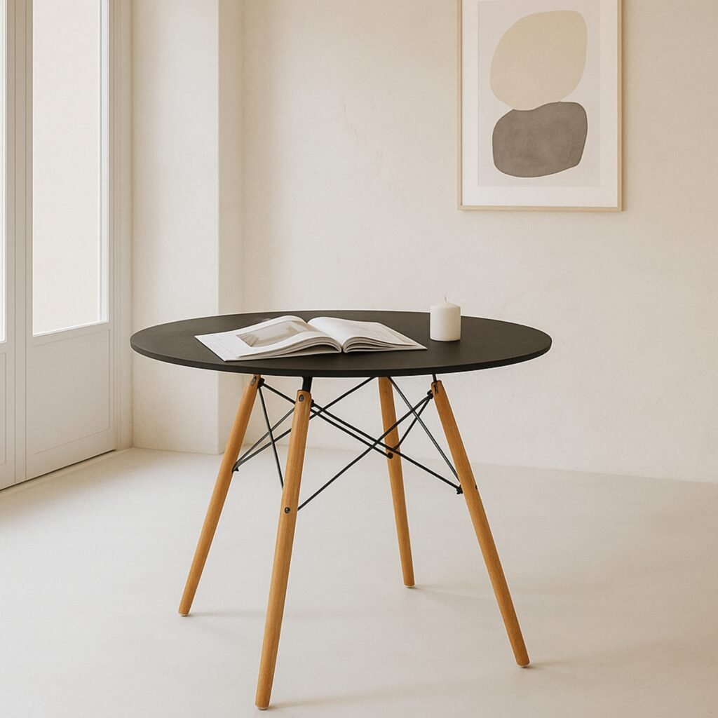 Mesa redonda negra de madera estilo escandinavo