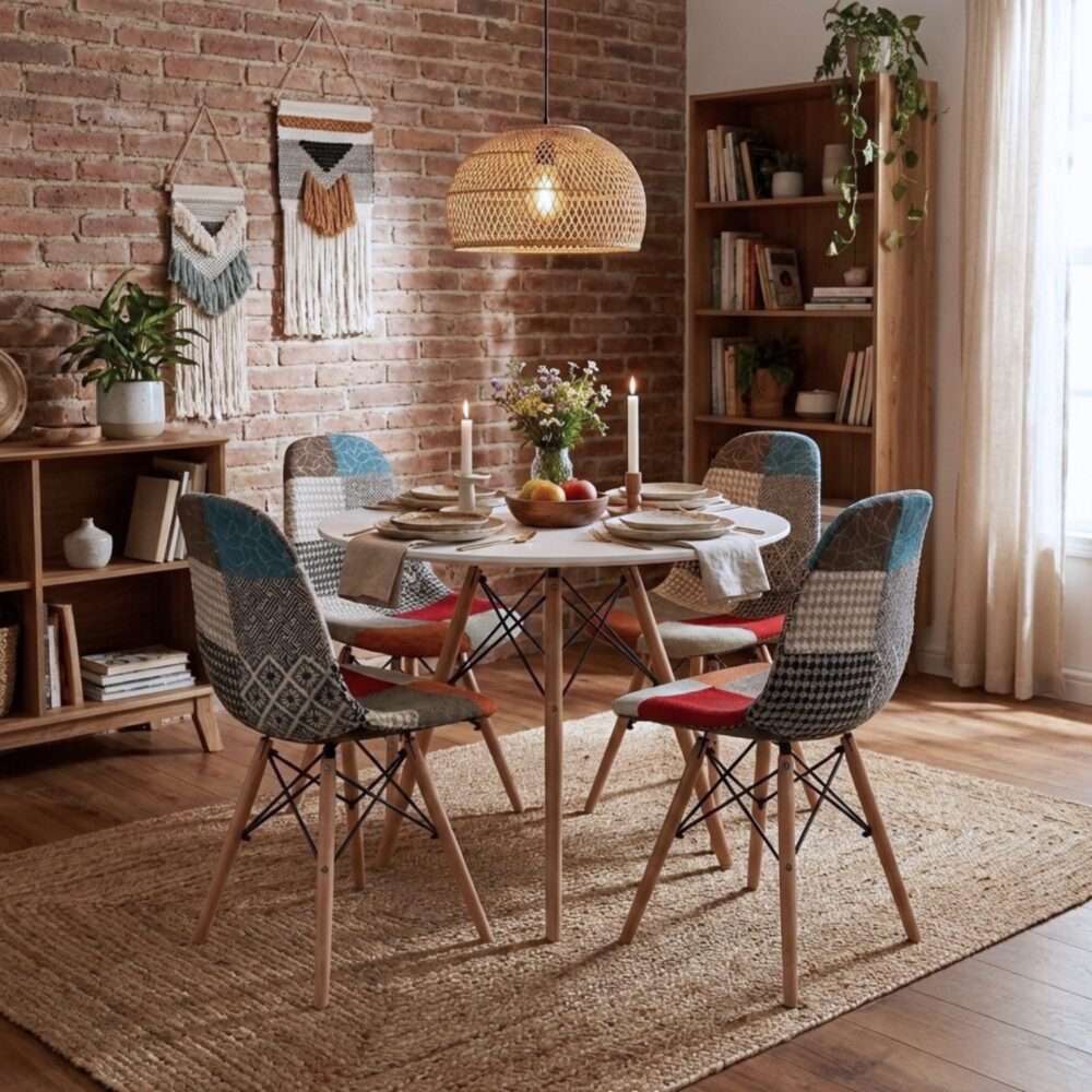 Comedor Prisma 4 Puestos | Mesa Redonda Blanca y Sillas Patchwork