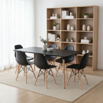 Comedor Sali 6 Puestos | Mesa Rectangular Negra y Sillas Eames