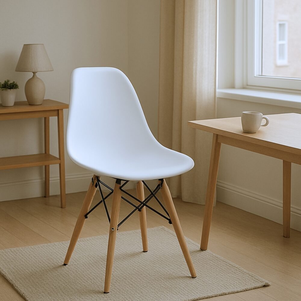 Silla moderna blanca con patas de madera estilo escandinavo
