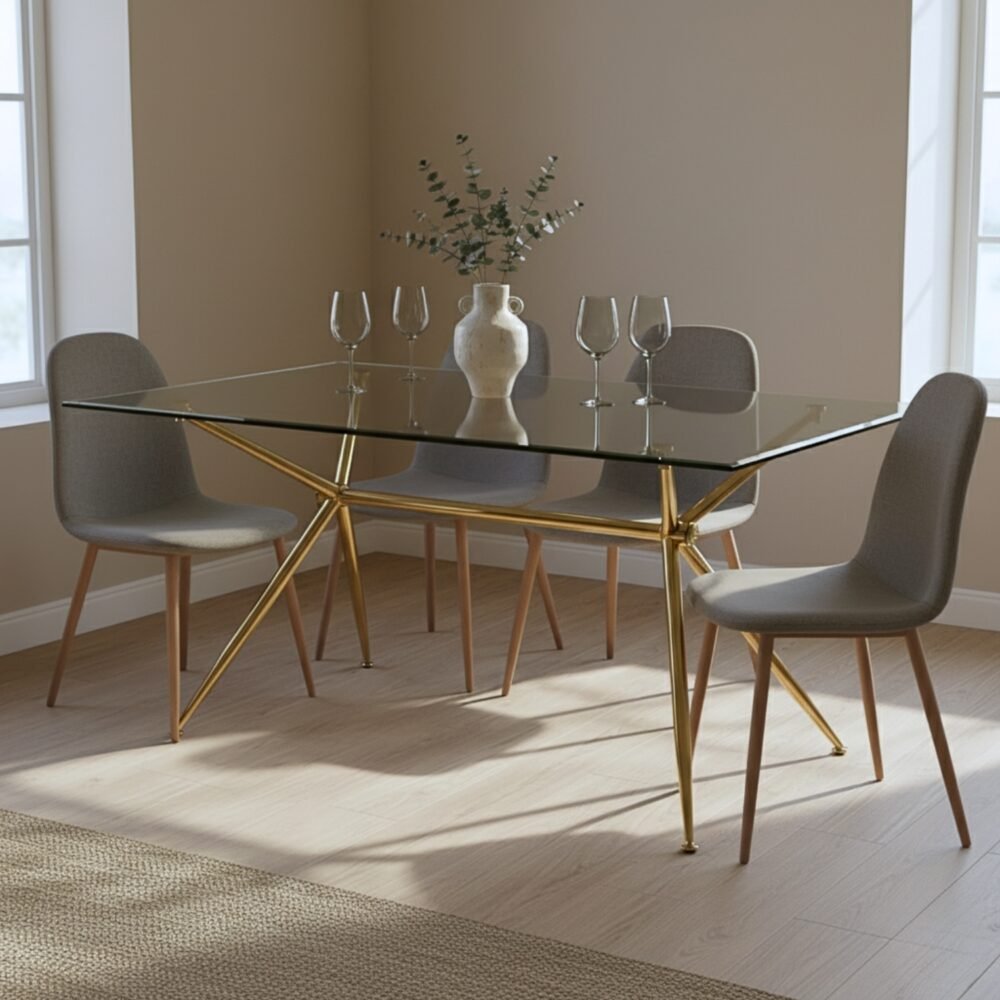 Entre Nos Home Juego Comedor Brie + 4 Lía – Lujo, Vidrio Escultural y Confort Textil