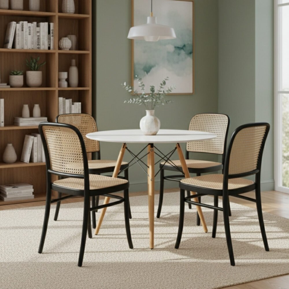 Juego Comedor Serena (Mesa Blanca 90 cm) y 4 sillas de ratán.