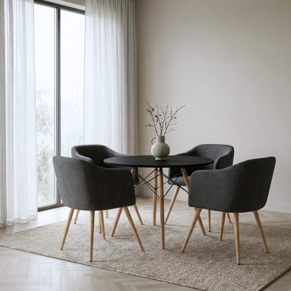 Comedor Ámbar 4 Puestos | Mesa Redonda Negra y Sillas Gris