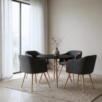 Comedor Ámbar 4 Puestos | Mesa Redonda Negra y Sillas Gris Grafito