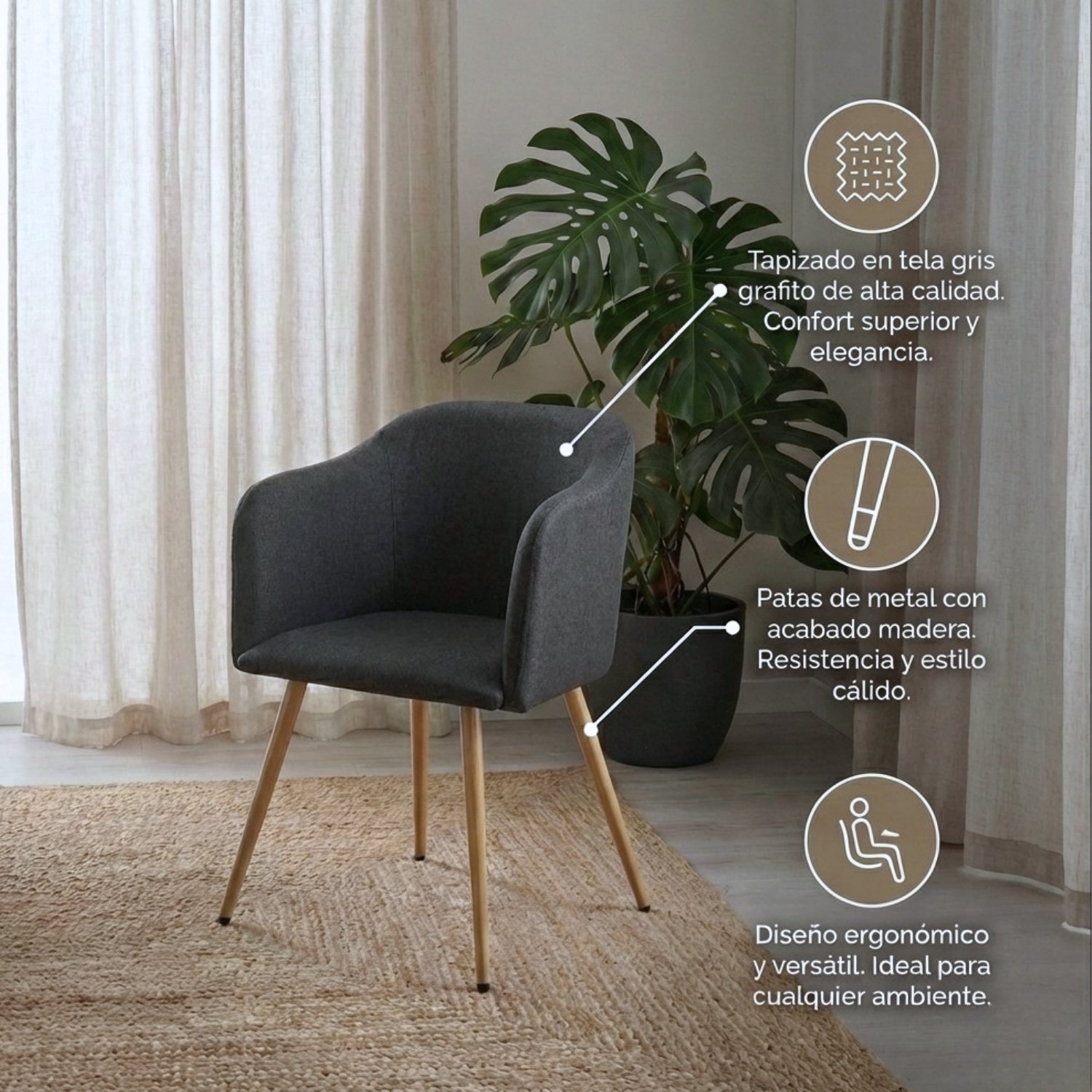 Entre Nos Home Comedor Ámbar 4 Puestos | Mesa Luna y Sillas Gris Grafito - Image 4