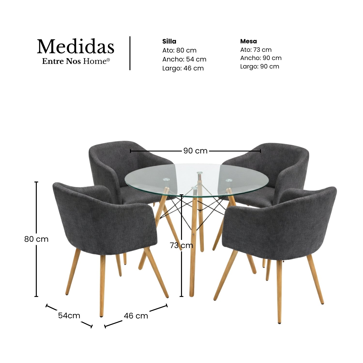 Entre Nos Home Comedor Ámbar 4 Puestos | Mesa Redonda Vidrio y Sillas Gris Grafito - Image 6