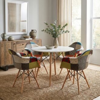 Comedor Arcoiris 4 Puestos | Mesa Blanca 90 cm y Patchwork