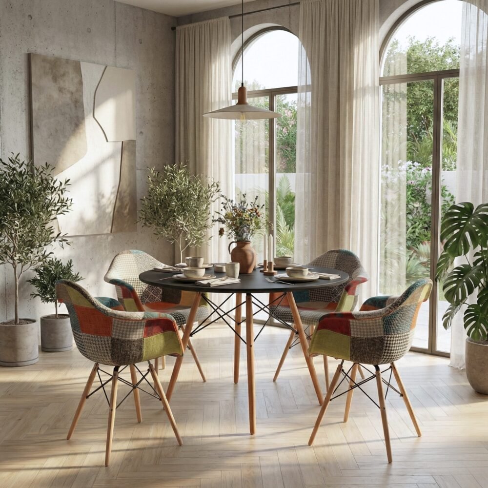 Entre Nos Home Comedor Arcoiris 4 Puestos | Mesa Negra 90 cm y Patchwork