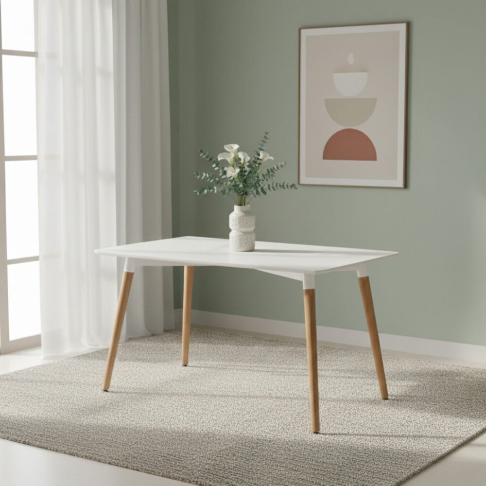 Mesa de Comedor Luna | Rectangular Blanca y Madera Arce