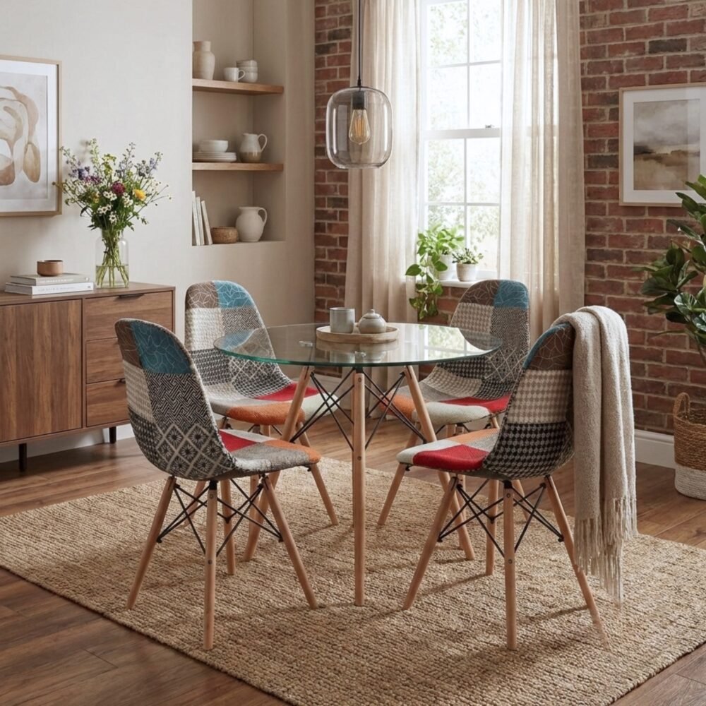 Comedor Prisma 4 Puestos | Mesa Vidrio y Sillas Patchwork