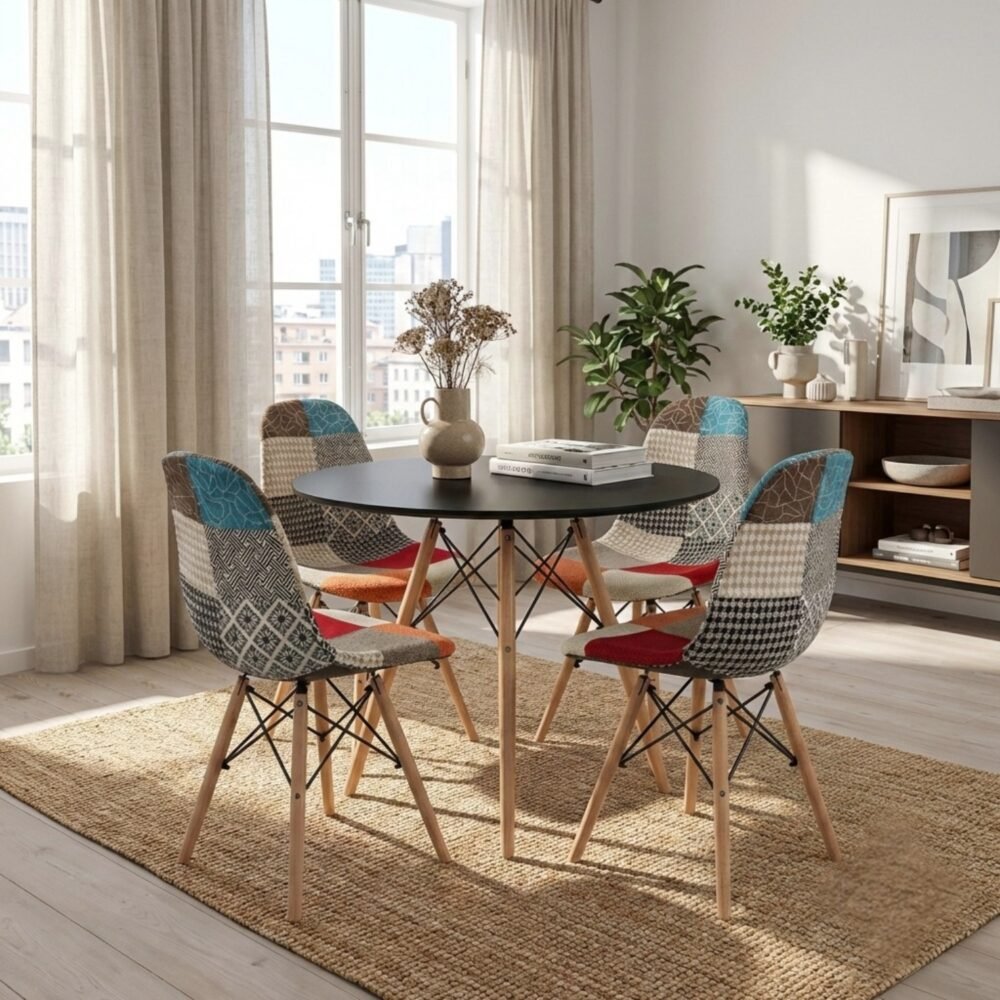 Entre Nos Home Comedor Prisma Negro 4 Puestos | Mesa Mate y Patchwork