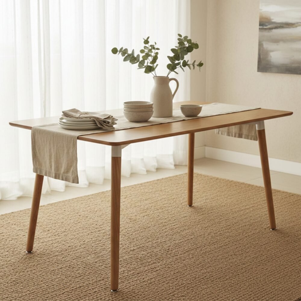 Mesa de Comedor Honey | Madera Caramelo y Estructura Blanca 140cm