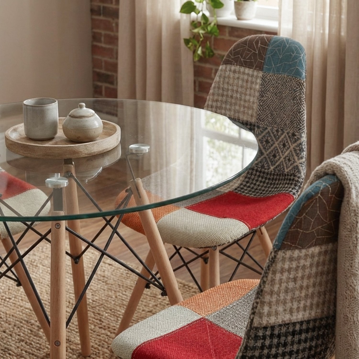 Entre Nos Home Comedor Prisma 4 Puestos | Mesa Vidrio y Sillas Patchwork - Image 2