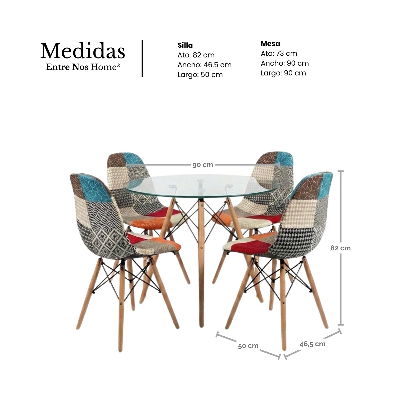 Entre Nos Home Comedor Prisma 4 Puestos | Mesa Vidrio y Sillas Patchwork - Image 7