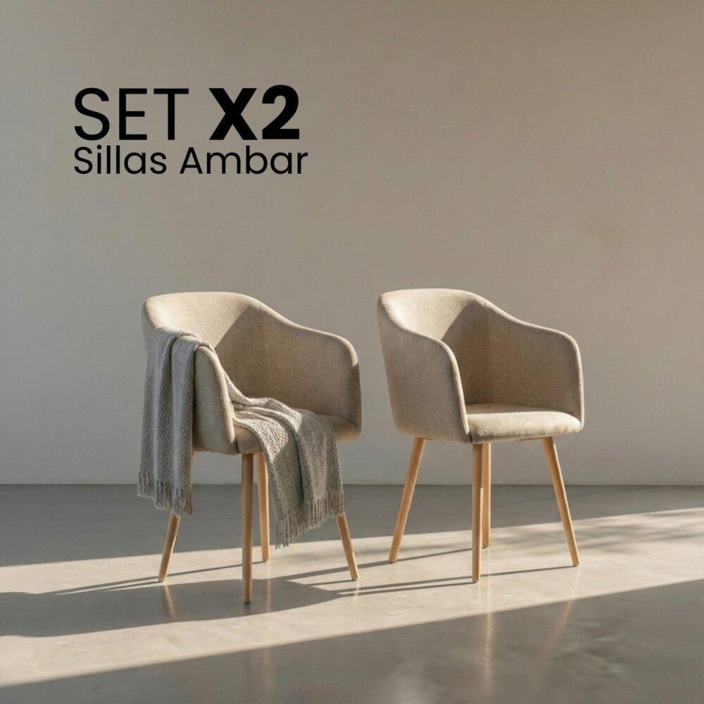 Set 2 Sillas de Diseño Ambar Beige | Confort en Lino patas efecto madera
