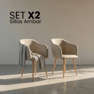 Set 2 Sillas de Diseño Ambar Beige | Confort en Lino patas efecto madera