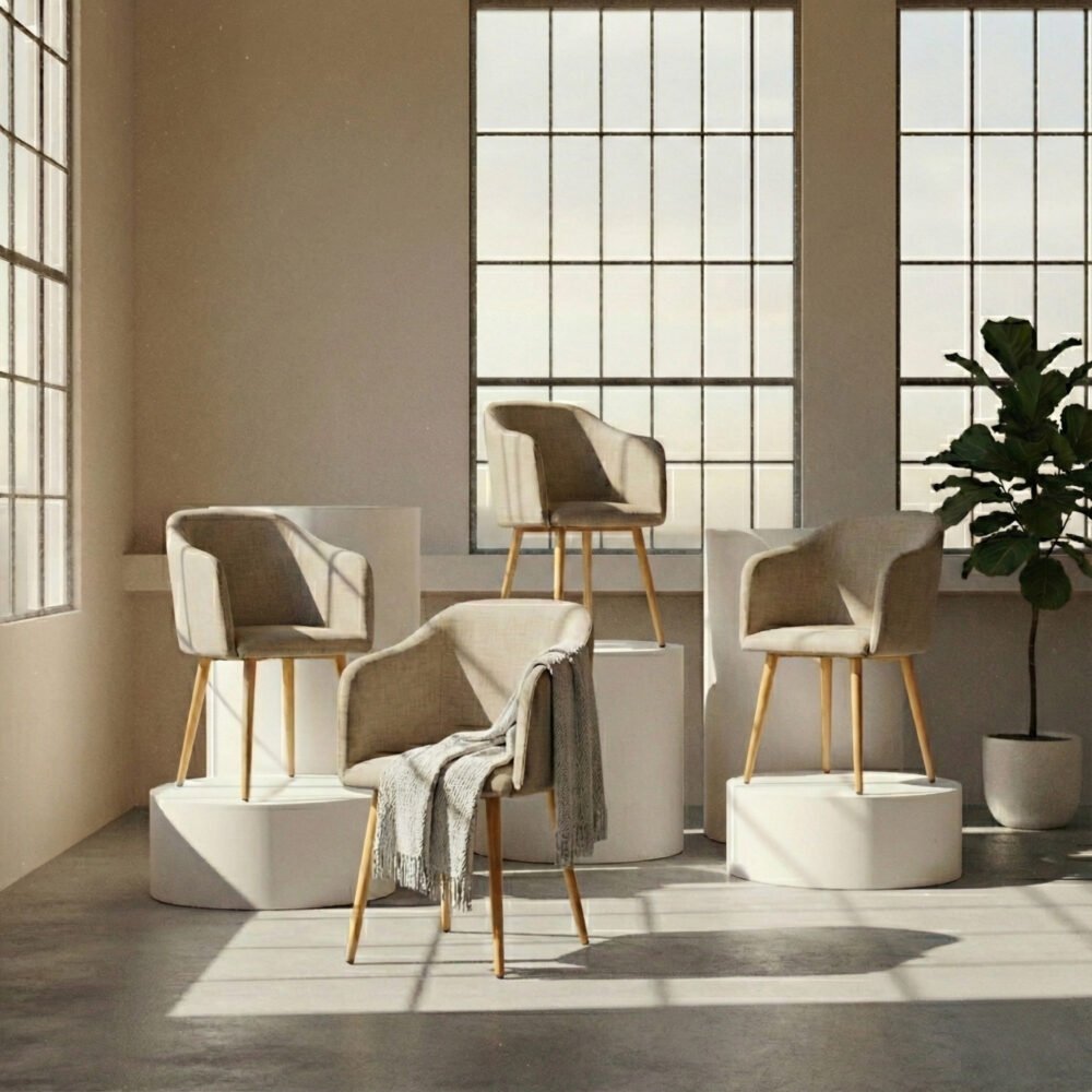 Set 4 Sillas de Diseño Ambar Beige | Confort en Lino patas efecto madera