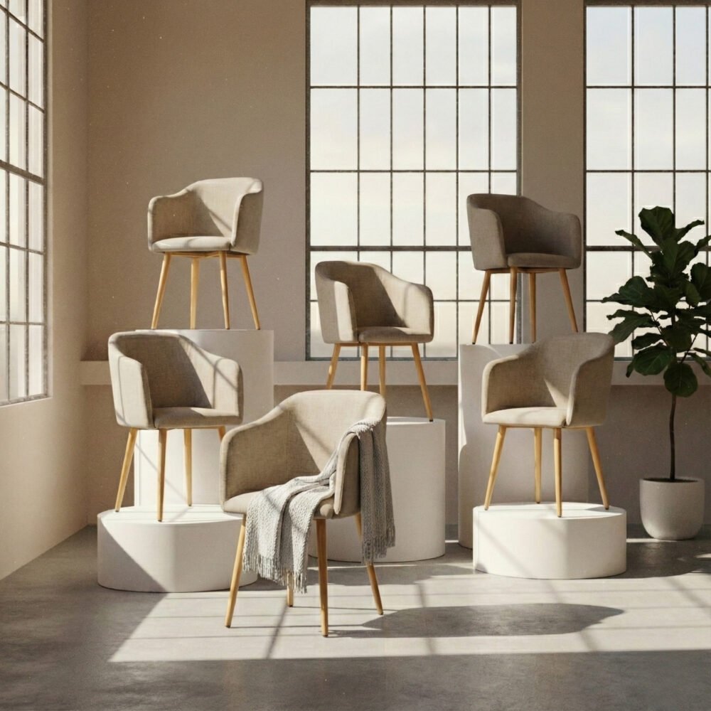 Set 6 Sillas de Diseño Ambar Beige | Confort en Lino patas efecto madera