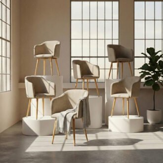 Set 6 Sillas de Diseño Ambar Beige | Confort en Lino patas efecto madera