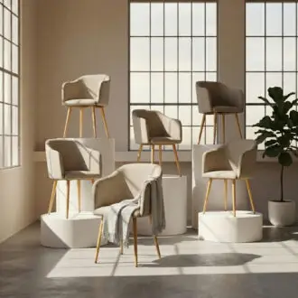 Set 6 Sillas de Diseño Ambar Beige | Confort en Lino patas efecto madera