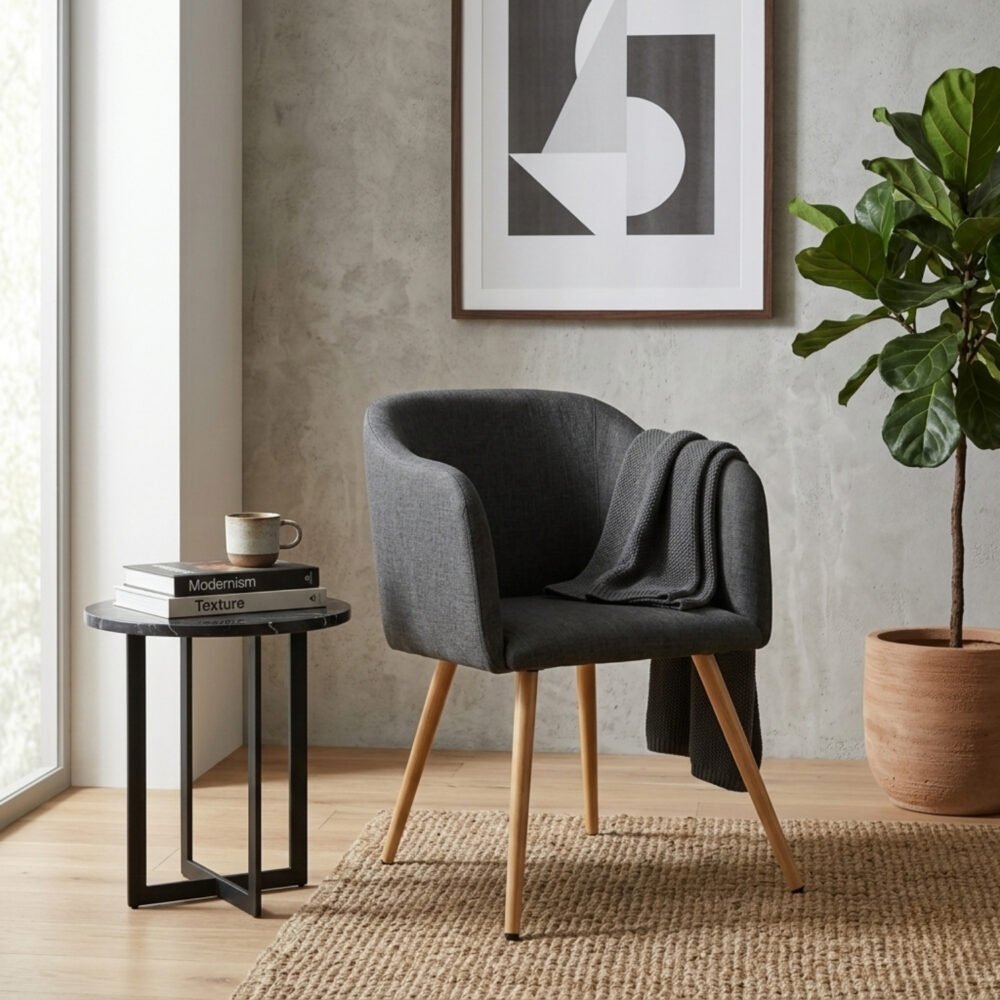 Silla de Diseño Ambar Gris Grafito | Confort en Tela de Lino con patas efecto madera