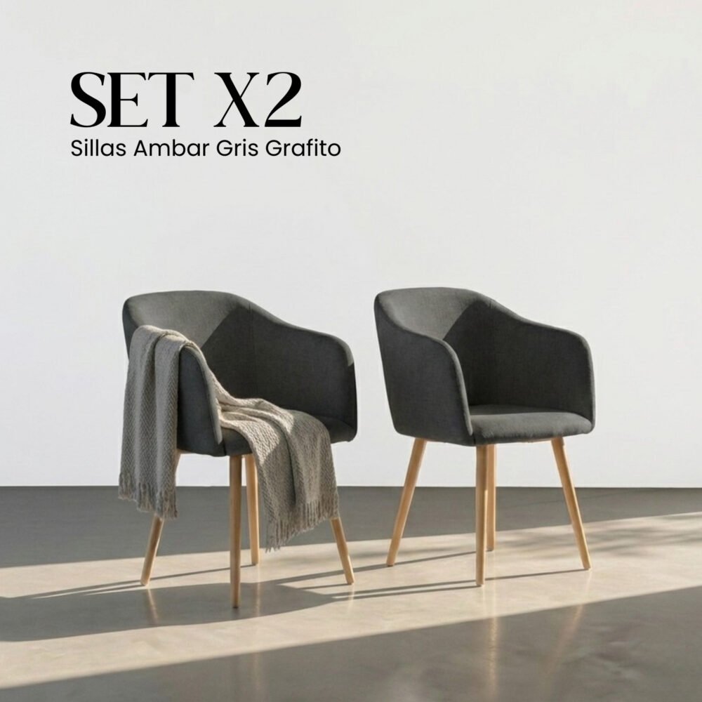 Set 2 Sillas de Diseño Ambar Gris Grafito | Confort en Tela de Lino con patas efecto madera