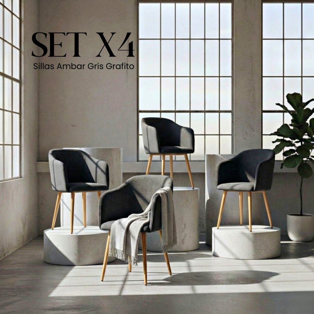 Set 4 Sillas de Diseño Ambar Gris Grafito | Confort en Tela de Lino con patas efecto madera