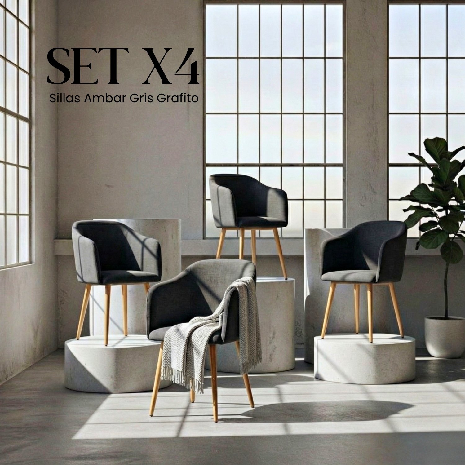 Entre Nos Home Set 4 Sillas de Diseño Ambar Gris Grafito | Confort en Tela de Lino con patas efecto madera