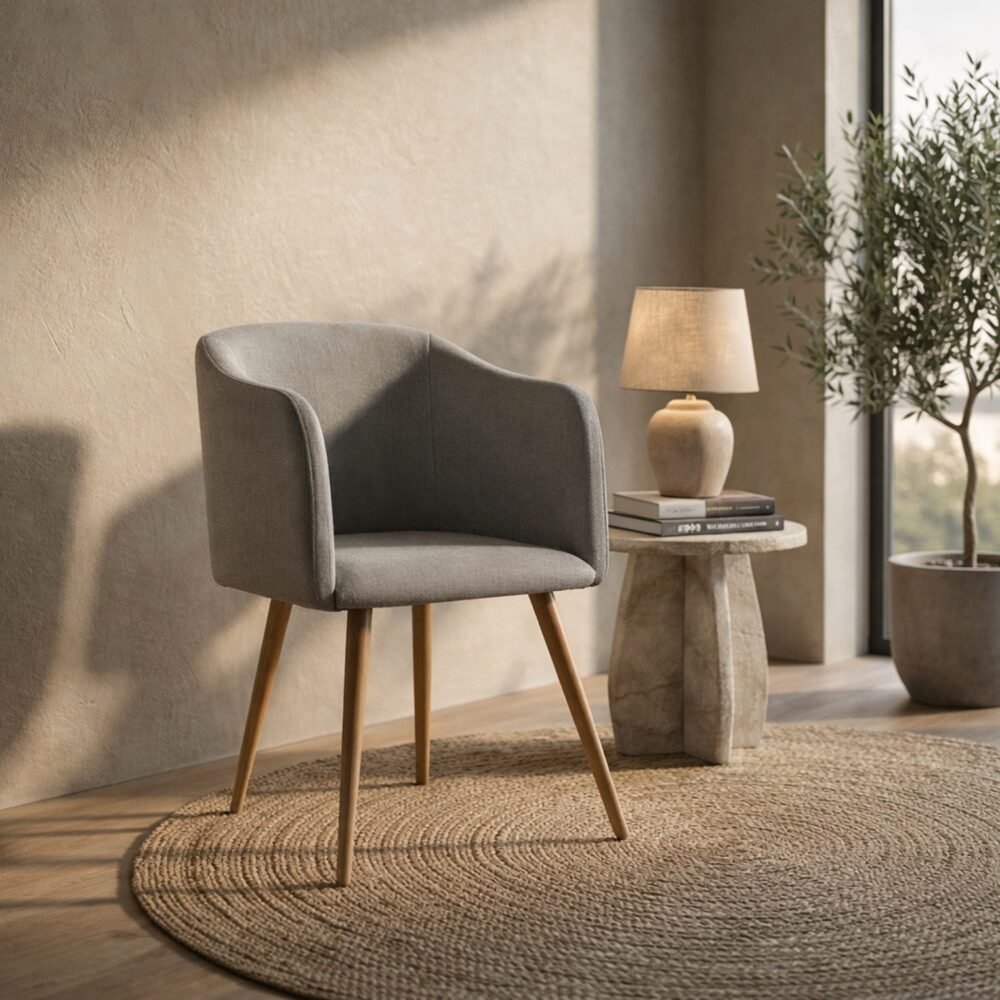 Silla Ambar Gris Ratón | Tela Lino y Patas Efecto Madera