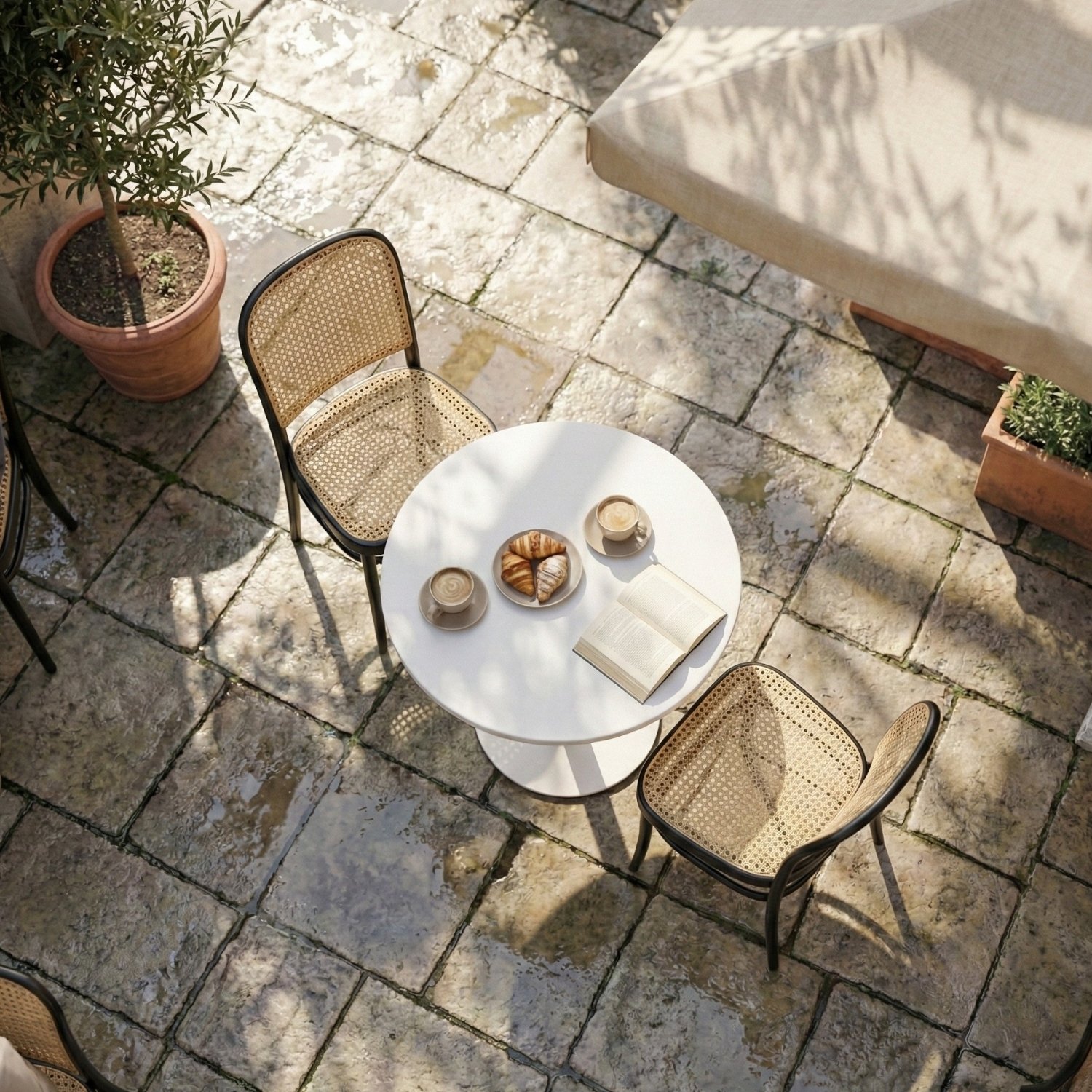 Entre Nos Home Juego de Balcón Coffee Blanco | Mesa Pedestal y Sillas Estilo Ratán - Image 2