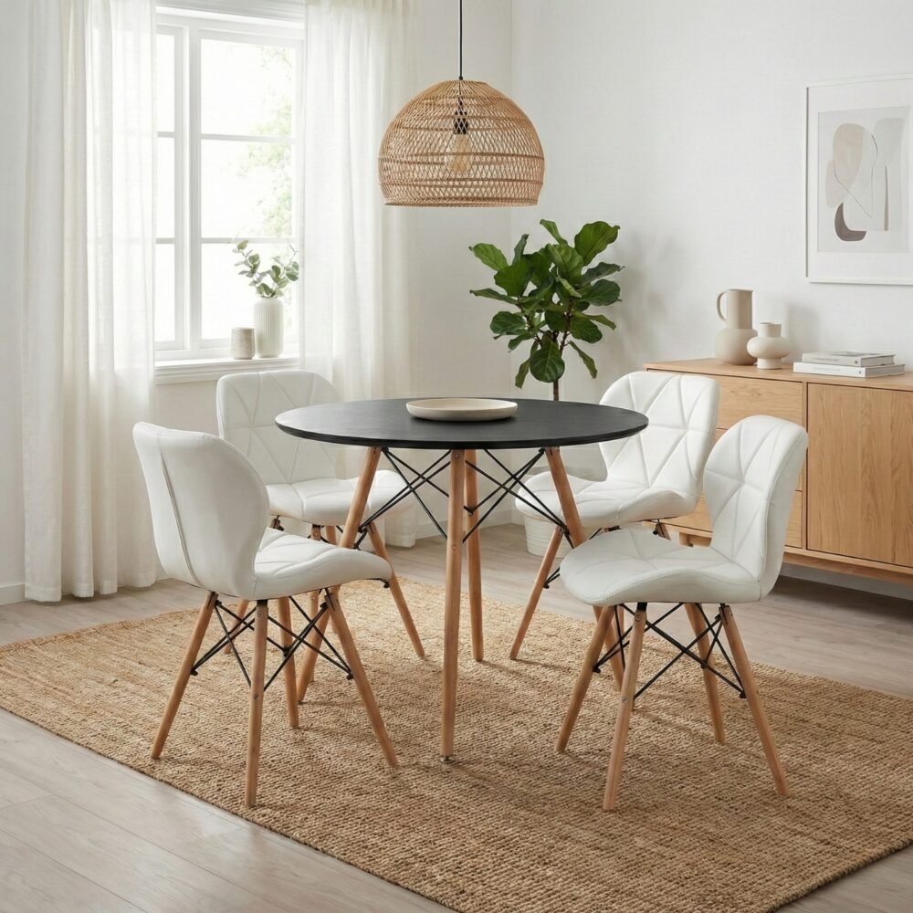 Comedor Mariposa 4 Puestos | Mesa Negra 90 cm y Sillas Blancas