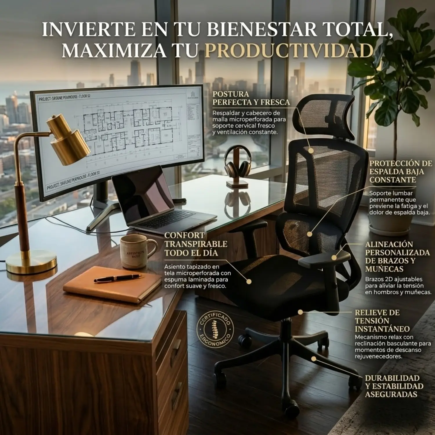 Entre Nos Home Silla de Escritorio Nuvola | Soporte Lumbar Avanzado y Cabecero de Malla - Image 3
