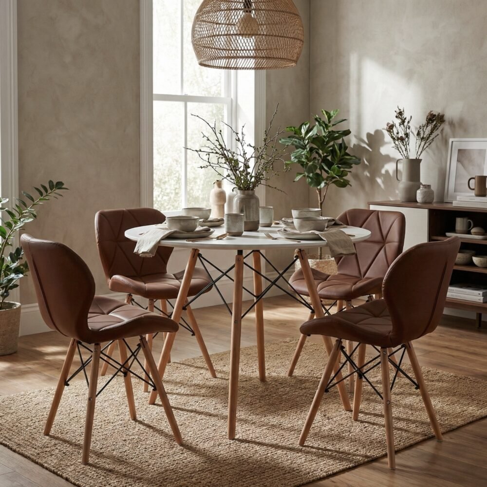 Comedor Mariposa 4 Puestos | Mesa Blanca 90 cm y Sillas Chocolate