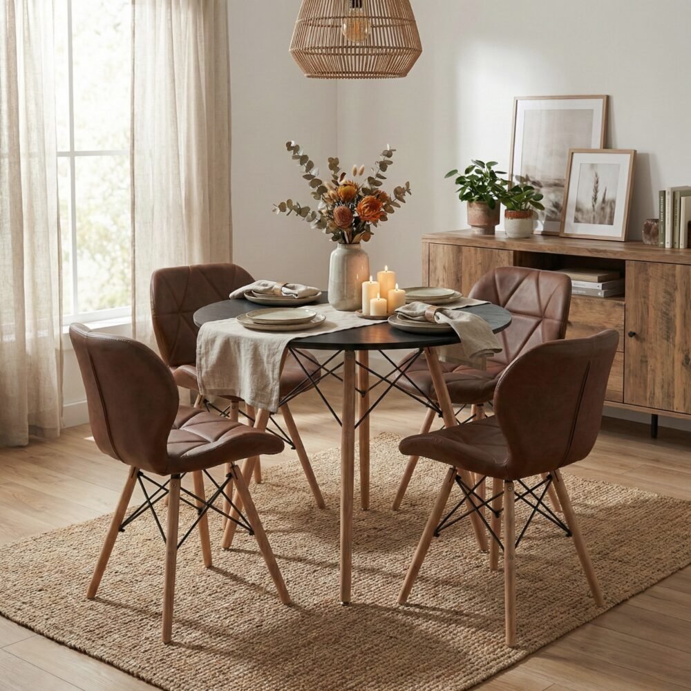 Comedor Mariposa 4 Puestos | Mesa Negra 90 cm y Sillas Chocolate