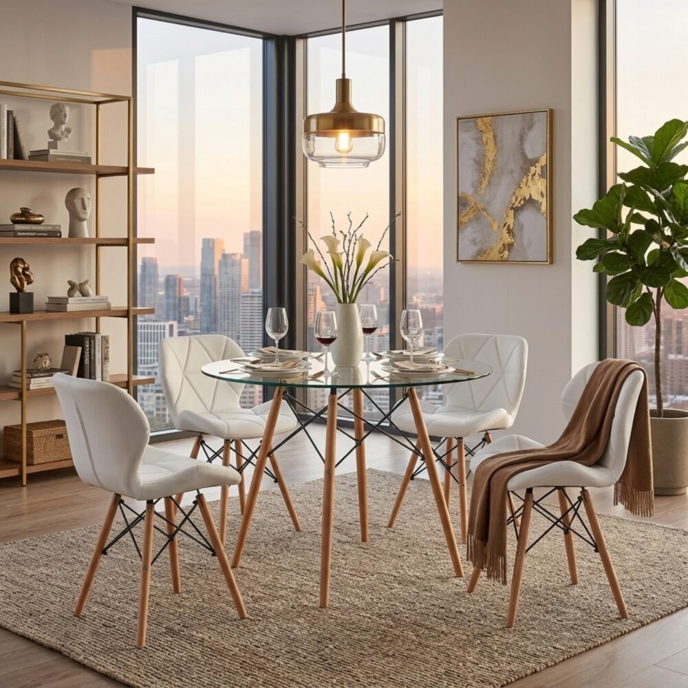 Comedor Mariposa 4 Puestos | Mesa Cristal 90 cm y Sillas Blancas