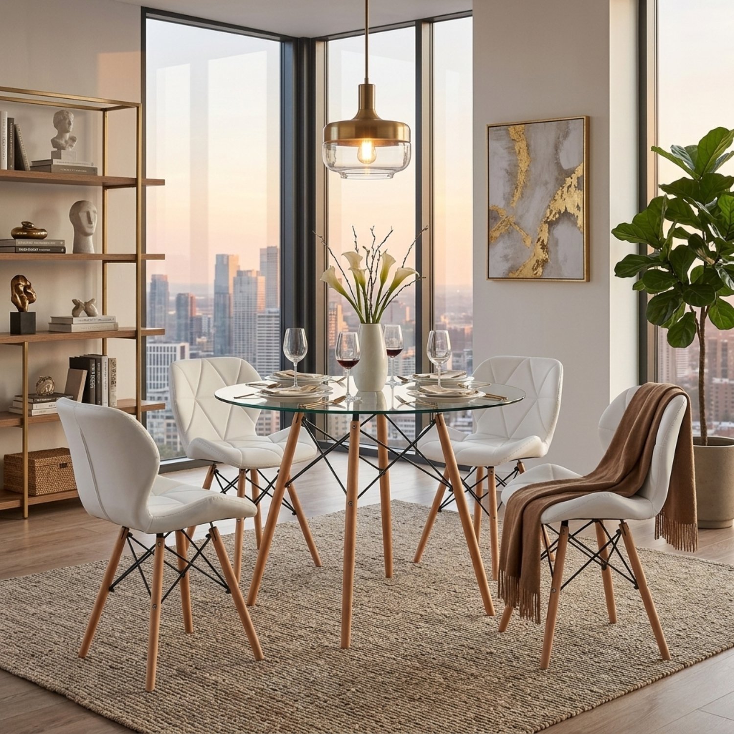 Entre Nos Home Comedor Mariposa 4 Puestos | Mesa Cristal 90 cm y Sillas Blancas