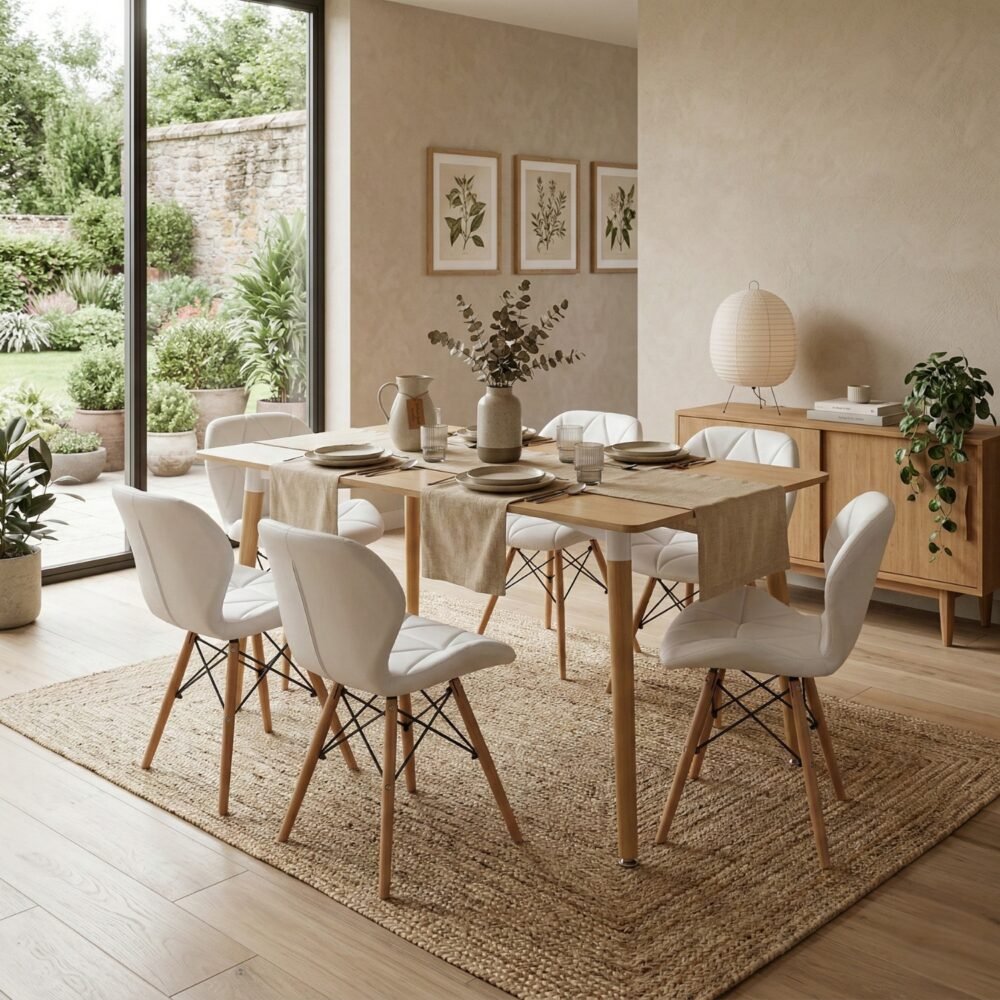 Comedor Mariposa 6 Puestos | Mesa Rectangular 140 cm y Sillas Blancas