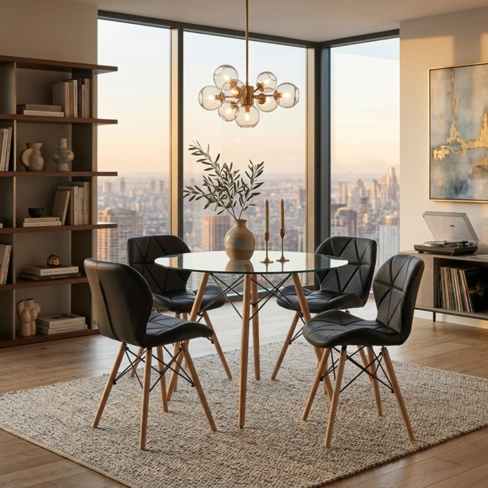 Comedor Mariposa 4 Puestos | Mesa Vidrio Templado 90 cm y Sillas Negras