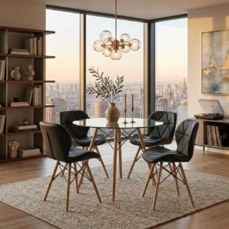 Comedor Mariposa 4 Puestos | Mesa Vidrio Templado 90 cm y Sillas Negras