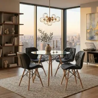 Comedor Mariposa 4 Puestos | Mesa Vidrio Templado 90 cm y Sillas Negras
