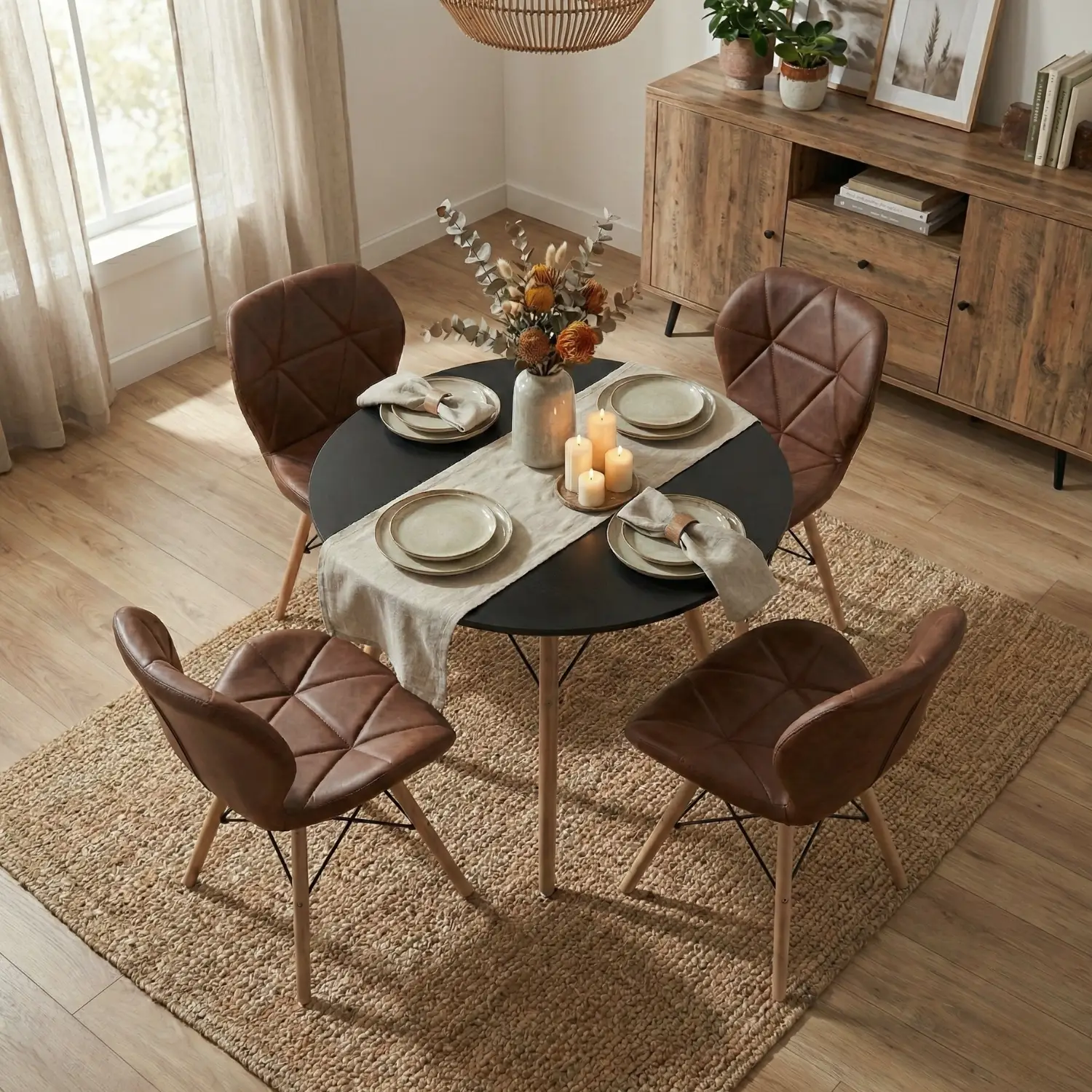 Entre Nos Home Comedor Mariposa 4 Puestos | Mesa Negra 90 cm y Sillas Chocolate - Image 2