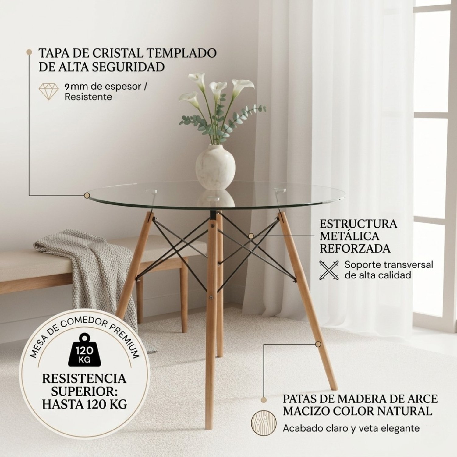 Entre Nos Home Comedor Mariposa 4 Puestos | Mesa Cristal 90 cm y Sillas Blancas - Image 4