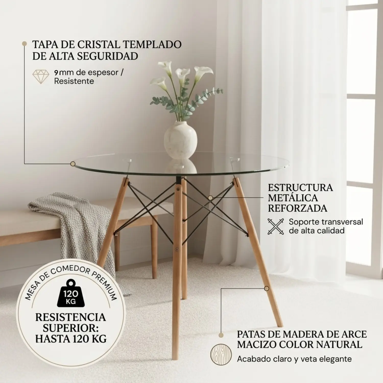 Entre Nos Home Comedor Mariposa 4 Puestos | Mesa Vidrio Templado 90 cm y Sillas Negras - Image 4