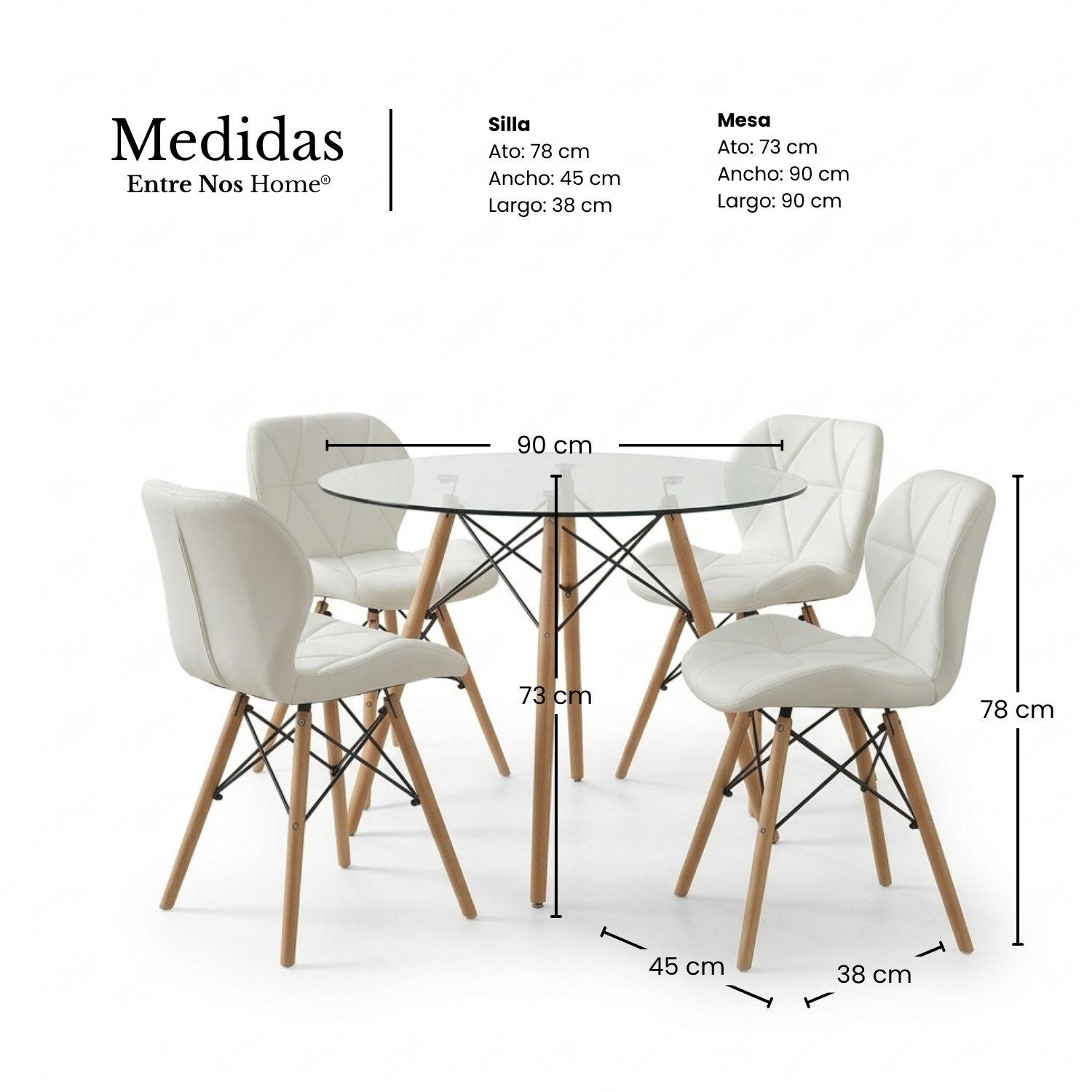 Entre Nos Home Comedor Mariposa 4 Puestos | Mesa Cristal 90 cm y Sillas Blancas - Image 7