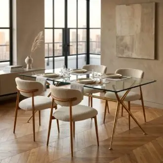 Comedor Pratto 4 Puestos | Mesa Brie Vidrio Templado y Sillas Lino