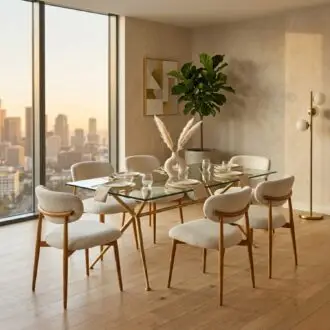 Comedor Pratto 6 Puestos | Mesa Brie Vidrio Templado y Sillas Lino