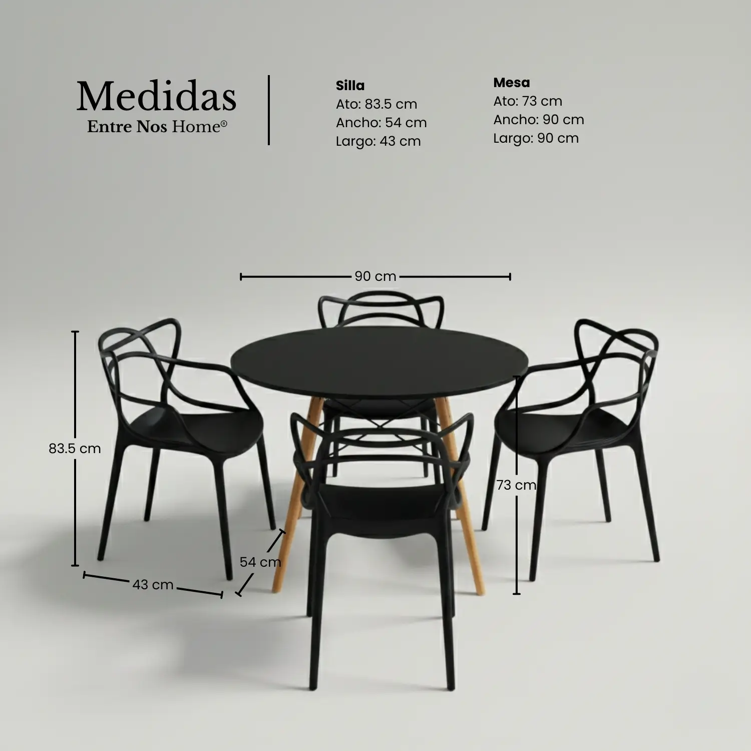 Entre Nos Home Comedor Raíz 4 Puestos | Mesa Redonda Negra 90 cm y Sillas Negras - Image 4